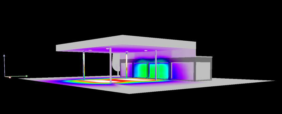 Zobrazení výdejní plochy čerpací stanice v programu Dialux. s použitím nepravých barev vyznačujících intenzitu osvětlení